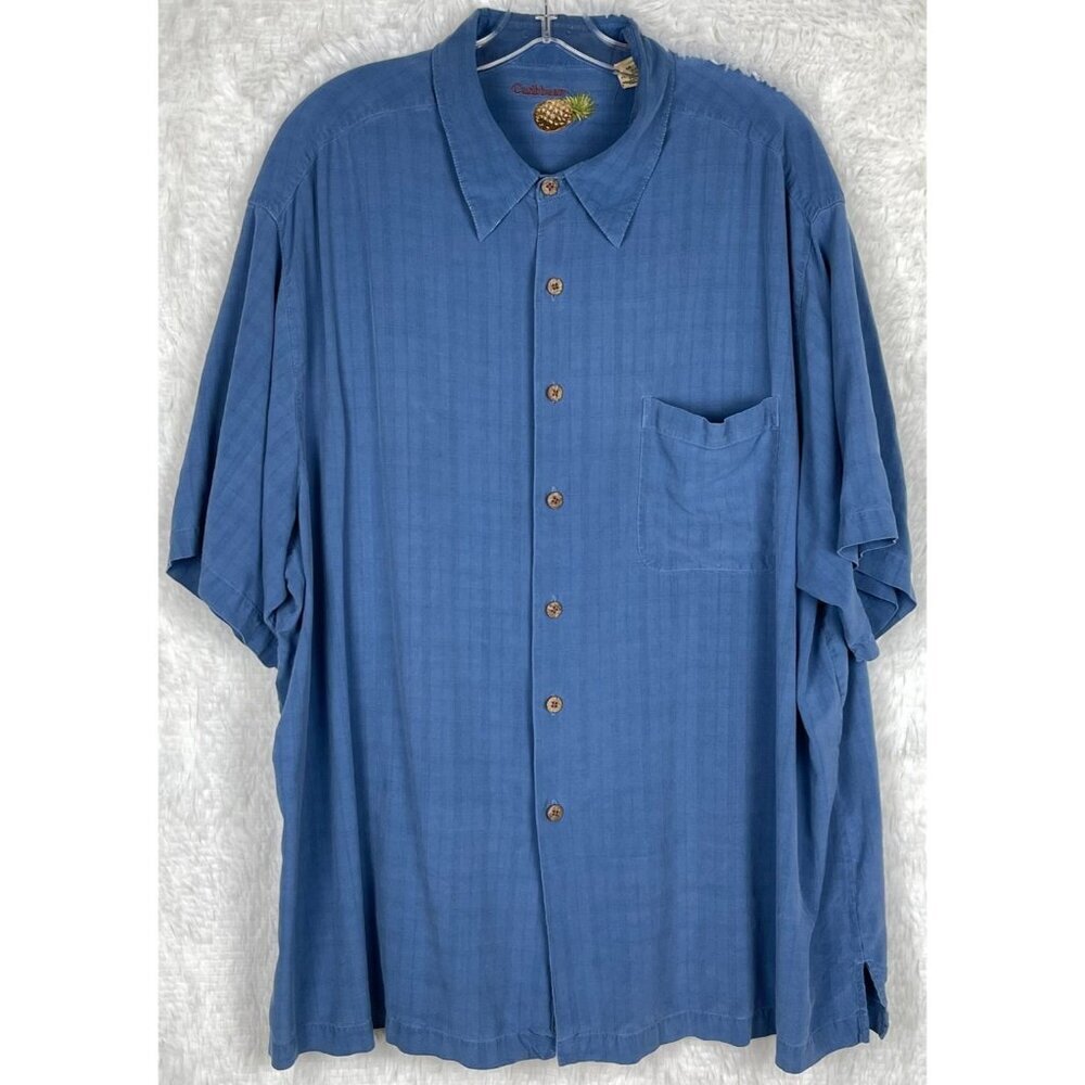 Caribbean Men's Medium 100% Silk Blue Button Down Short Sleeve Shirt